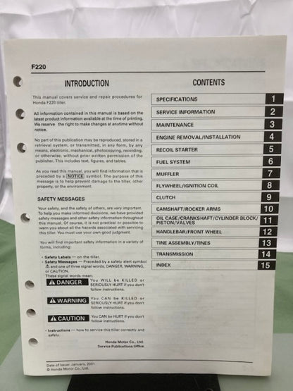 Honda 61V1400 F220 Tiller Shop Manual 2001 Genuine