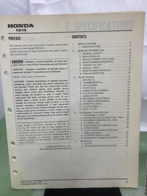 Honda 6173700 F210 Tiller Shop Manual '84 w/ Supplement 6173700Y '93 Genuine