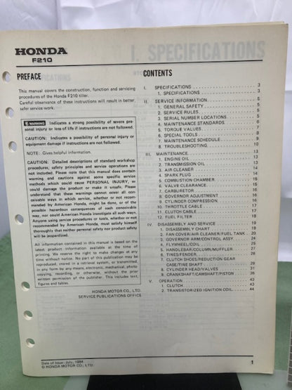 Honda 6173700 F210 Tiller Shop Manual '84 w/ Supplement 6173700Y '93 Genuine