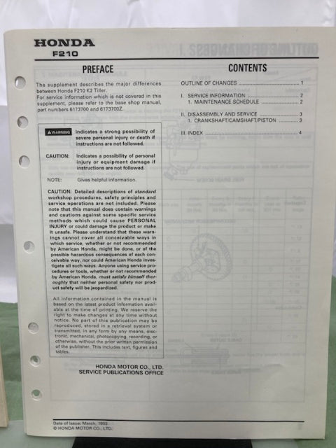 Honda 6173700 F210 Tiller Shop Manual '84 w/ Supplement 6173700Y '93 Genuine