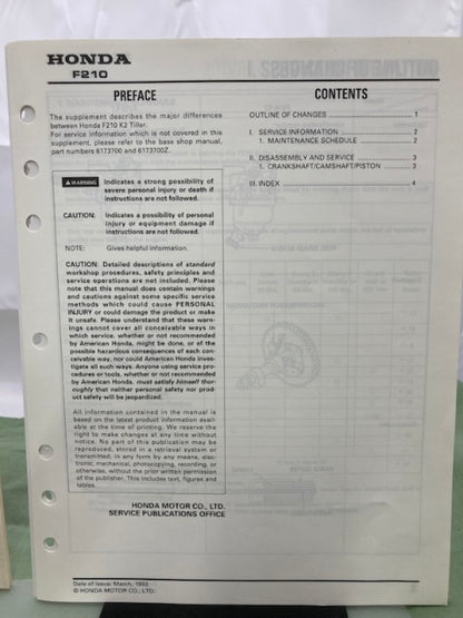 Honda 6173700 F210 Tiller Shop Manual '84 w/ Supplement 6173700Y '93 Genuine