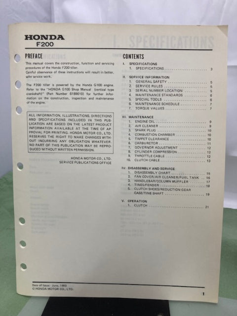 Honda 6172900 F200 Tiller Shop Manual 1980 Genuine
