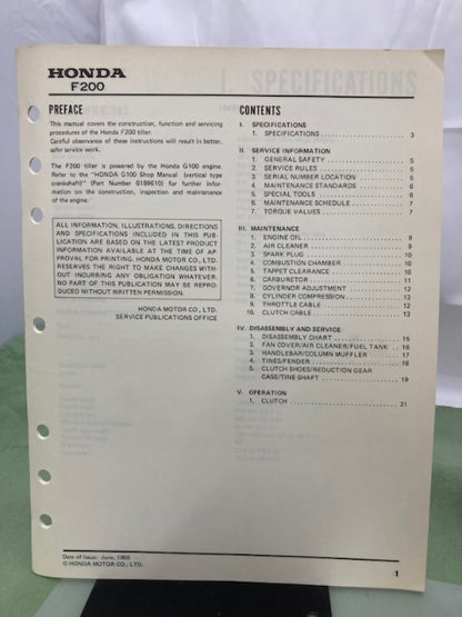 Honda 6172900 F200 Tiller Shop Manual 1980 Genuine