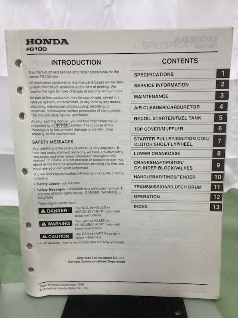 Honda 61V06600 FG100 Tiller Shop Manual 1998 Genuine