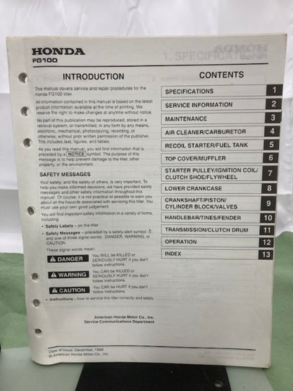 Honda 61V06600 FG100 Tiller Shop Manual 1998 Genuine
