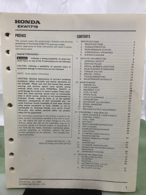 Honda 61ZB870 EXW171S Generator Shop Manual 1986 Genuine