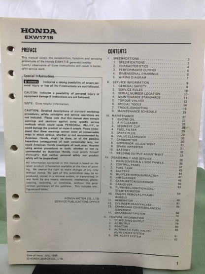 Honda 61ZB870 EXW171S Generator Shop Manual 1986 Genuine