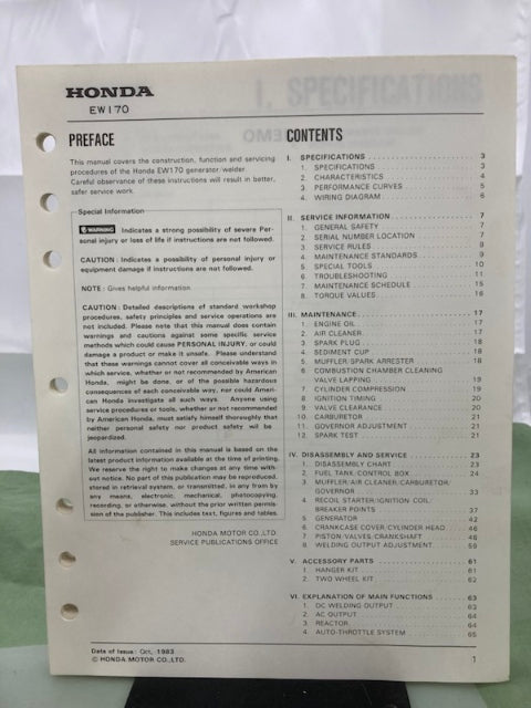 Honda 61ZA100 EW170 Generator Shop Manual 1983 Genuine