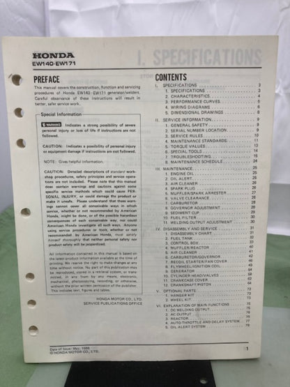 Honda 61ZB460 EW140 EW171 Generator Shop Manual 1986 w/ Supplements Genuine