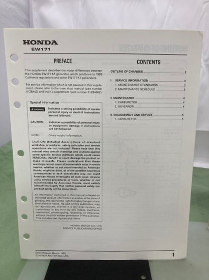 Honda 61ZB460 EW140 EW171 Generator Shop Manual 1986 w/ Supplements Genuine