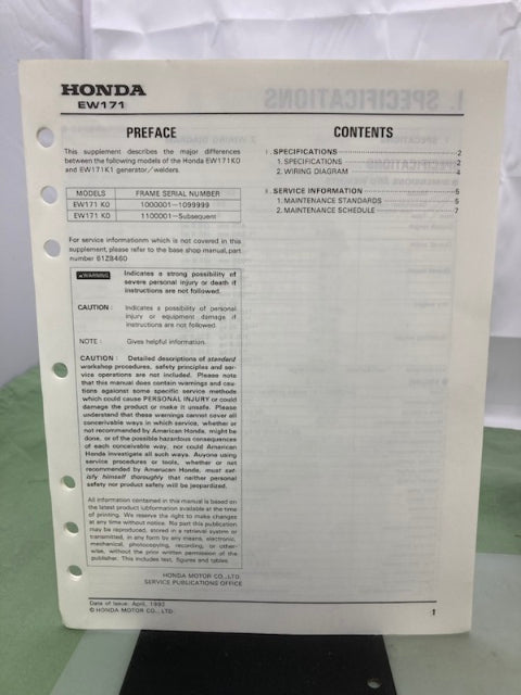 Honda 61ZB460 EW140 EW171 Generator Shop Manual 1986 w/ Supplements Genuine