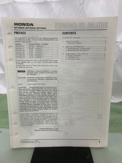 Honda 61YB800 WT20X WT30X K1 Water Pump Shop Manual '86 w/ Supplements Genuine