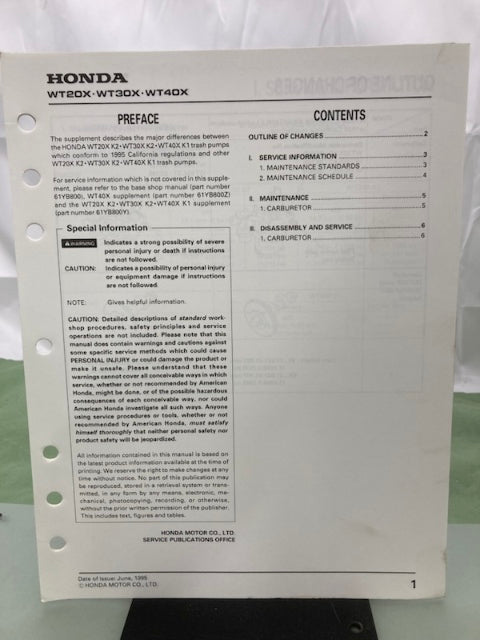 Honda 61YB800 WT20X WT30X K1 Water Pump Shop Manual '86 w/ Supplements Genuine