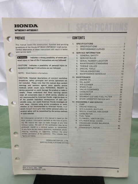 Honda 61YB800 WT20X WT30X K1 Water Pump Shop Manual '86 w/ Supplements Genuine