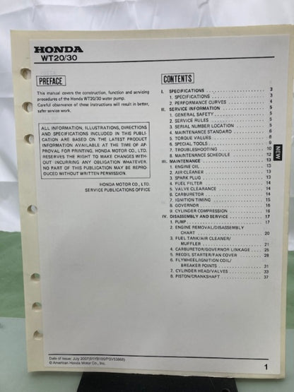 Honda 61YB100 WT20 WT30 Water Pump Shop Manual 1982 w/ 2007 Revisions Genuine