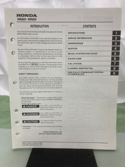 Honda 61YF300 WN20 WN30 Water Pump Shop Manual 1999 Genuine