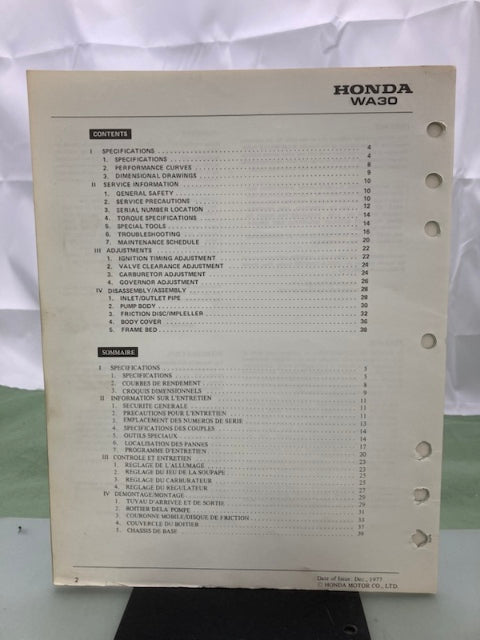 Honda 6695501 WA30 Water Pump Shop Manual 1977 Genuine