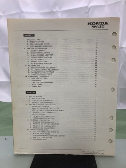 Honda 6695501 WA30 Water Pump Shop Manual 1977 Genuine