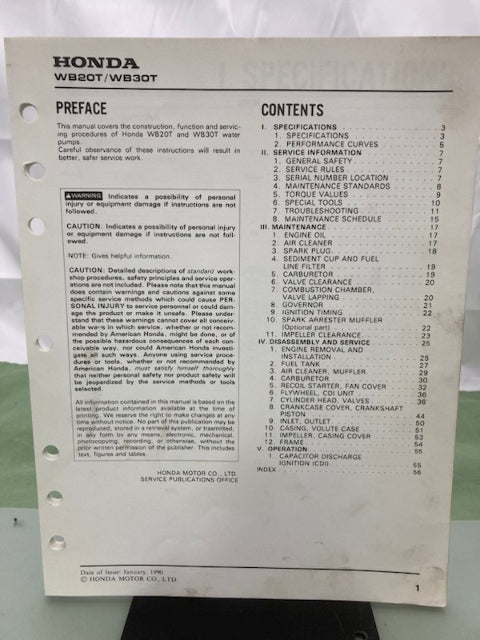Honda 61YB360 WB20T WB30T Water Pump Shop Manual 1990 Genuine