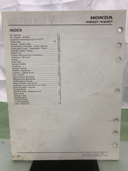 Honda 61YB360 WB20T WB30T Water Pump Shop Manual 1990 Genuine