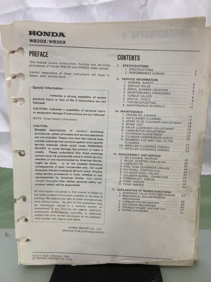 Honda 61YB400 WB20X WB30X Water Pump Shop Manual 1984 Genuine