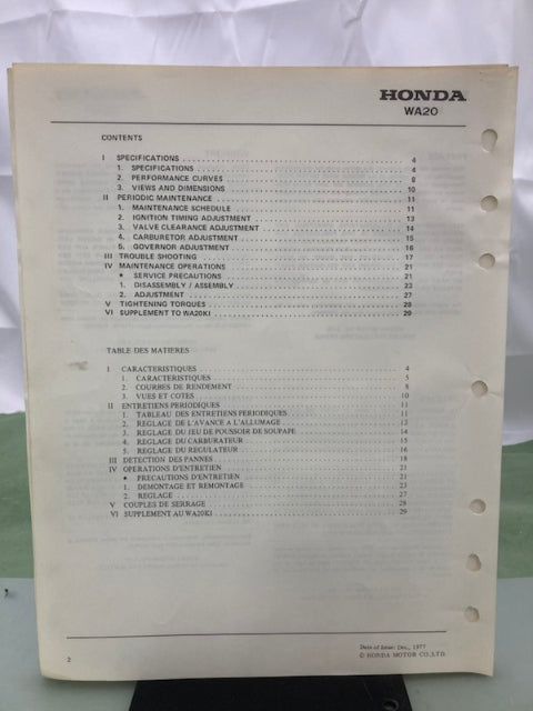 Honda 6695401 WA20 Water Pump Shop Manual 1977 Genuine