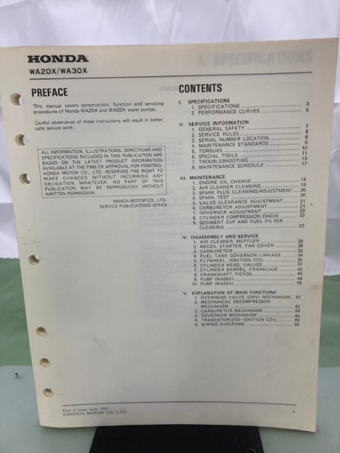 Honda 61YB500 WA20X WA30X Water Pump Shop Manual 1983 Genuine