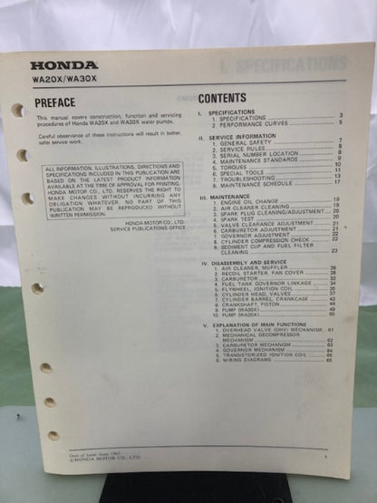 Honda 61YB500 WA20X WA30X Water Pump Shop Manual 1983 Genuine