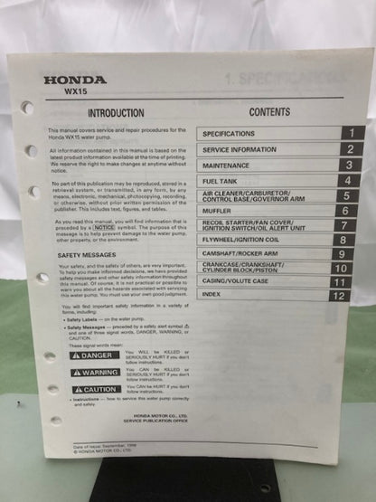 Honda 61YF200 WX15 Water Pump Shop Manual 1998 Genuine