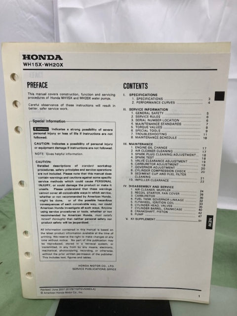 Honda 61YB700 WH15X WH20X Water Pump Shop Manual '85 Revised '07 w/ Supp Genuine