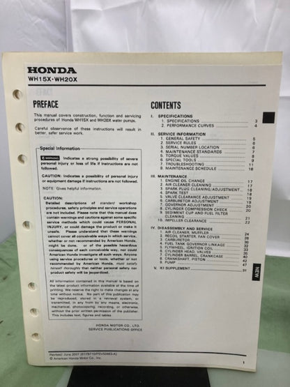 Honda 61YB700 WH15X WH20X Water Pump Shop Manual '85 Revised '07 w/ Supp Genuine