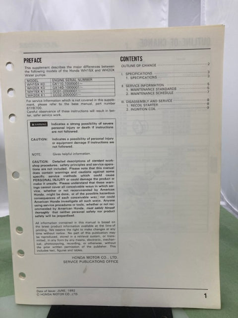 Honda 61YB700 WH15X WH20X Water Pump Shop Manual '85 Revised '07 w/ Supp Genuine