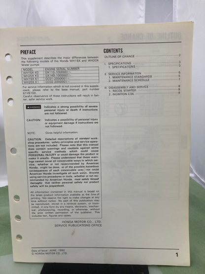 Honda 61YB700 WH15X WH20X Water Pump Shop Manual '85 Revised '07 w/ Supp Genuine