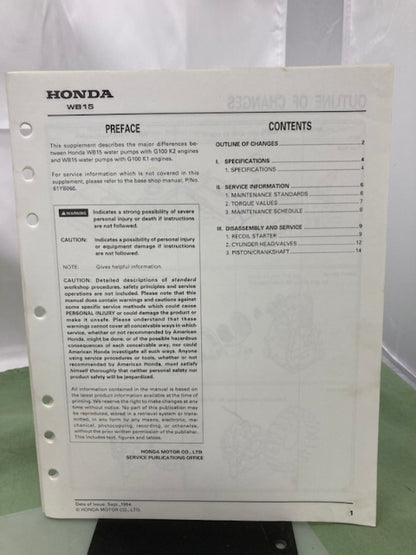 Honda 61YB060 Water Pump Shop Manual 1984 w/ Supplement 61YB060Z 1994 Genuine