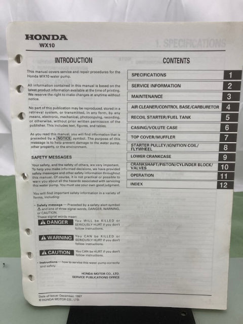 Honda 61YE900 WX10 Water Pump Shop Manual 1997 Genuine