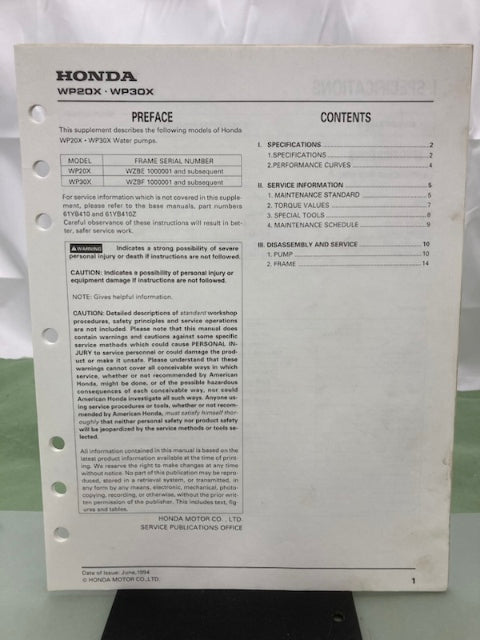 Honda 61YB410Y WP20X WP30X Shop Manual Supplement 1994 Genuine