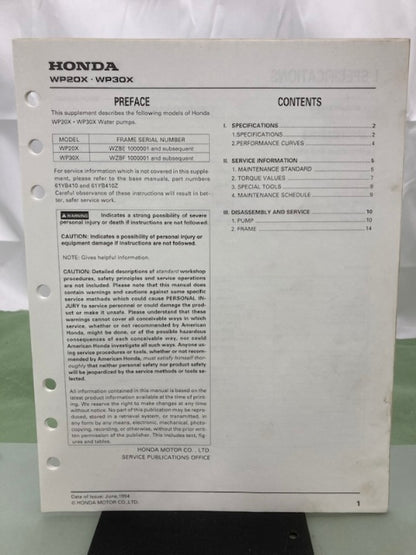 Honda 61YB410Y WP20X WP30X Shop Manual Supplement 1994 Genuine