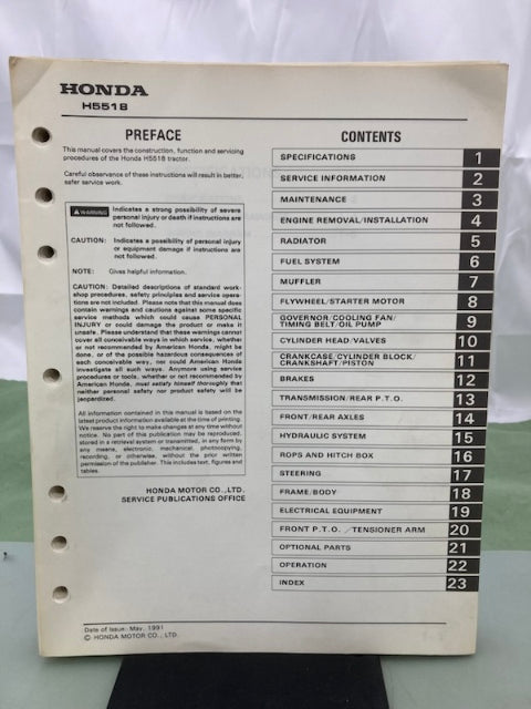 Honda 6176900 H5518 Tractor Shop Manual 1991 Genuine