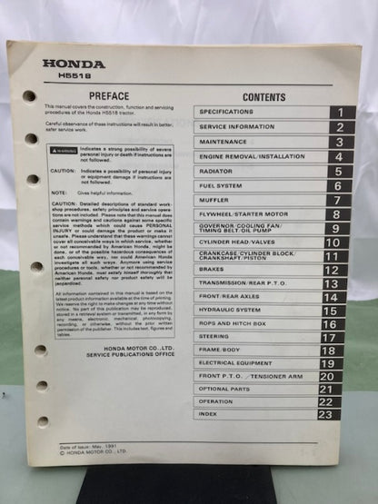 Honda 6176900 H5518 Tractor Shop Manual 1991 Genuine