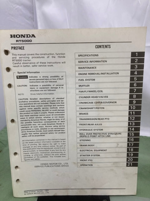 Honda 6175200 RT5000 Tractor Shop Manual 1987 w/ Supplements 6175200Z/Y Genuine