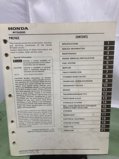 Honda 6175200 RT5000 Tractor Shop Manual 1987 w/ Supplements 6175200Z/Y Genuine