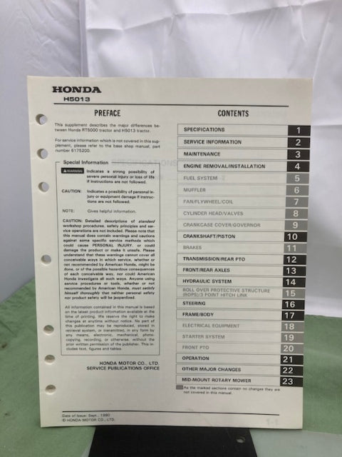 Honda 6175200 RT5000 Tractor Shop Manual 1987 w/ Supplements 6175200Z/Y Genuine
