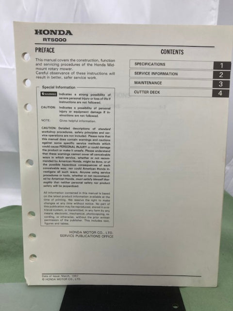 Honda 6175200 RT5000 Tractor Shop Manual 1987 w/ Supplements 6175200Z/Y Genuine