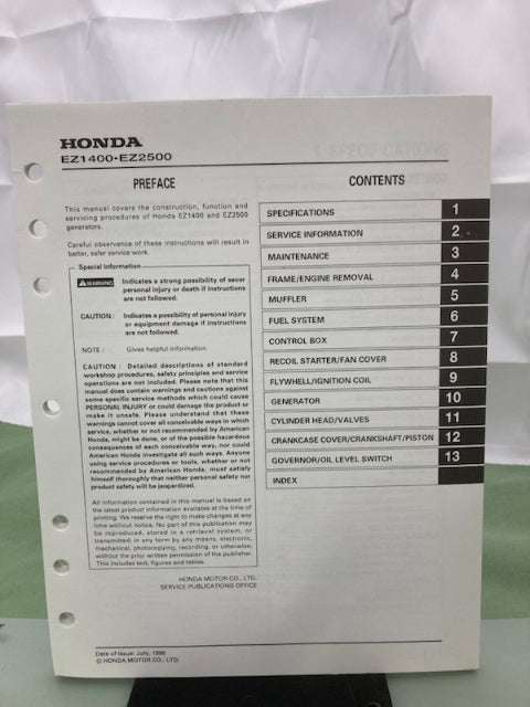 Honda 61ZS000 EZ1400 EZ2500 Generator Shop Manual 1996 Genuine