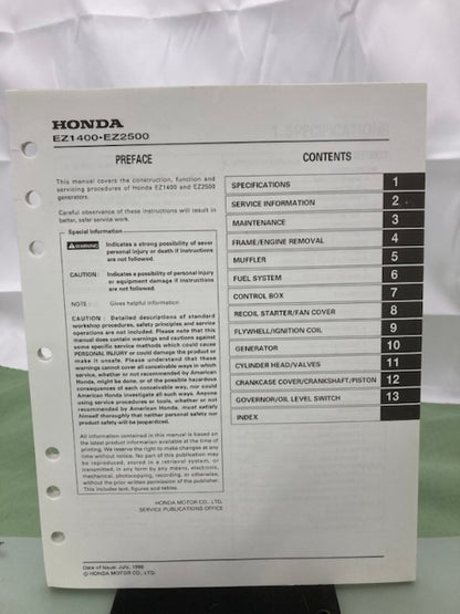Honda 61ZS000 EZ1400 EZ2500 Generator Shop Manual 1996 Genuine