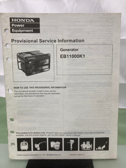Honda PSV53611 EB11000K1 Generator Provisional Service Information 2003 Genuine