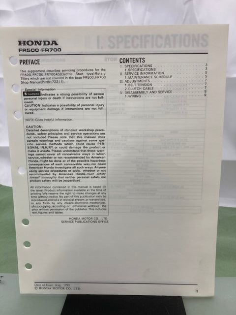 Honda 6172311Z FR500 FR700 Rotary Tiller Shop Manual Supplement 1990 Genuine