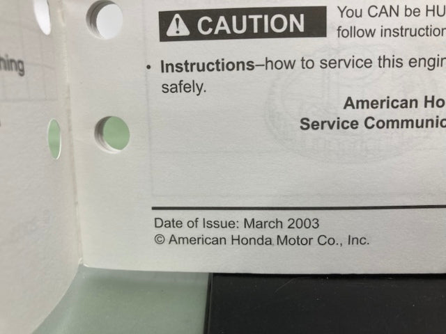 Honda 61ZM000Z GCV190 Engine Shop Manual Supplement 2003 Genuine