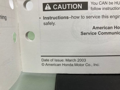 Honda 61ZM000Z GCV190 Engine Shop Manual Supplement 2003 Genuine