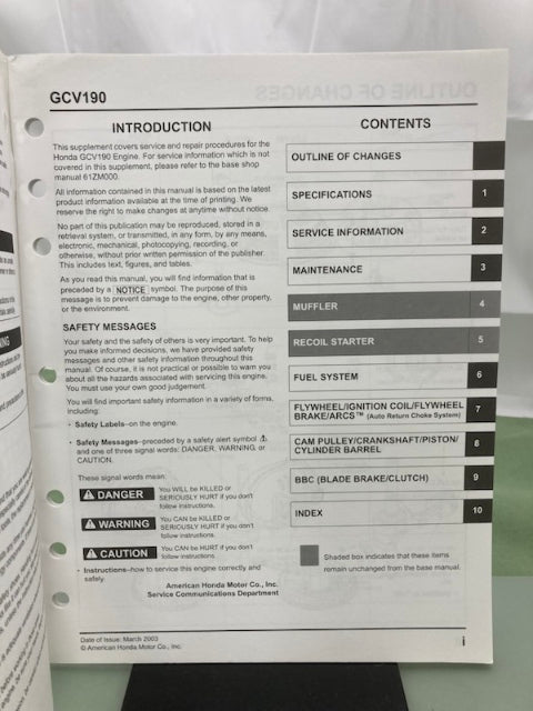 Honda 61ZM000Z GCV190 Engine Shop Manual Supplement 2003 Genuine